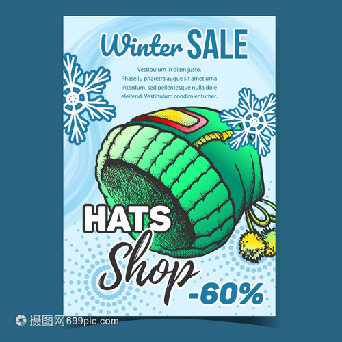帽子在广告横幅上贴有时髦的温暖服装和雪花时髦的头饰概念模拟手画在古董风格插图中帽子在冬季销售广告海报矢量