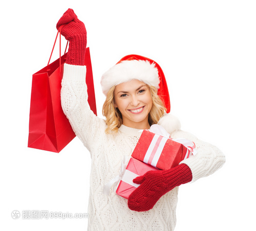 销售,礼物,诞节,诞节微笑的女人诞老人助手帽子与购物袋礼品盒
